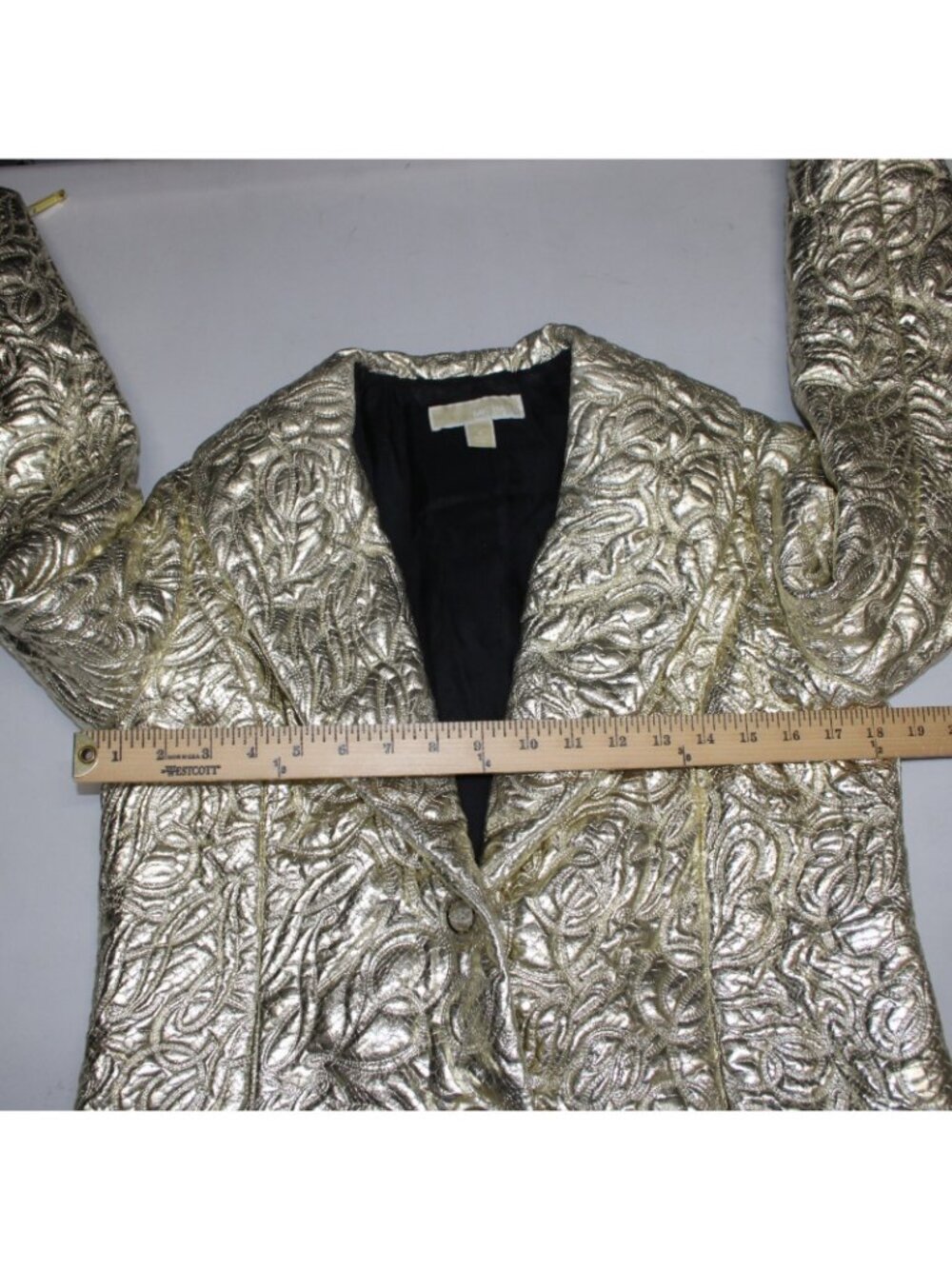 Michael Kors Blazer Jacket Sz 8 Gold Crinkle Quilted Pockets Poly Jacket - Picture 10 of 11